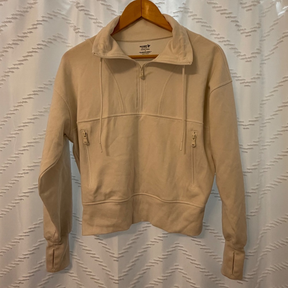Old Navy Active Dynamic Fleece Half Zip Pullover Beige Tan Thumbhole Cropped M
